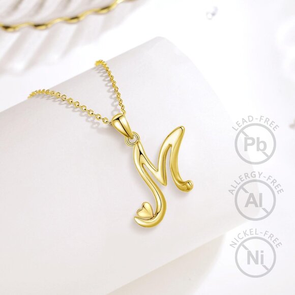 925 Sterling Silver Initial Necklace with Rose Gold Heart, 18 Inch Chain, Person - Picture 3 of 7